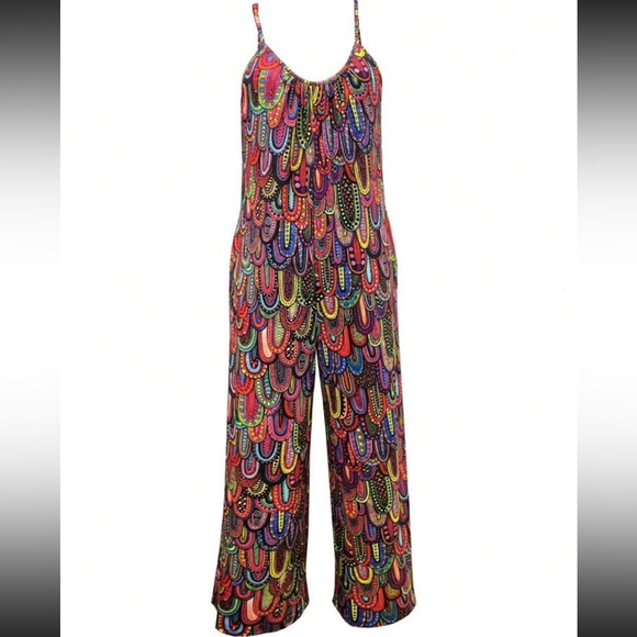 Boho Abstract Geo Print Cami Top Wide Leg Palazzo Pants Jumsuit - Picture 3 of 5